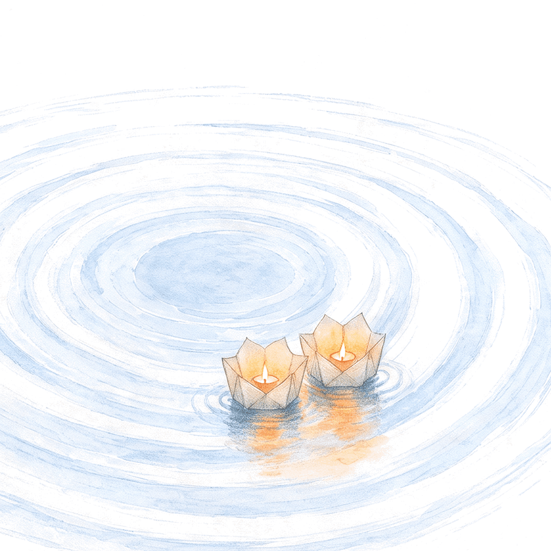 Two paper lanterns side by side on the same ring, their glows touching.