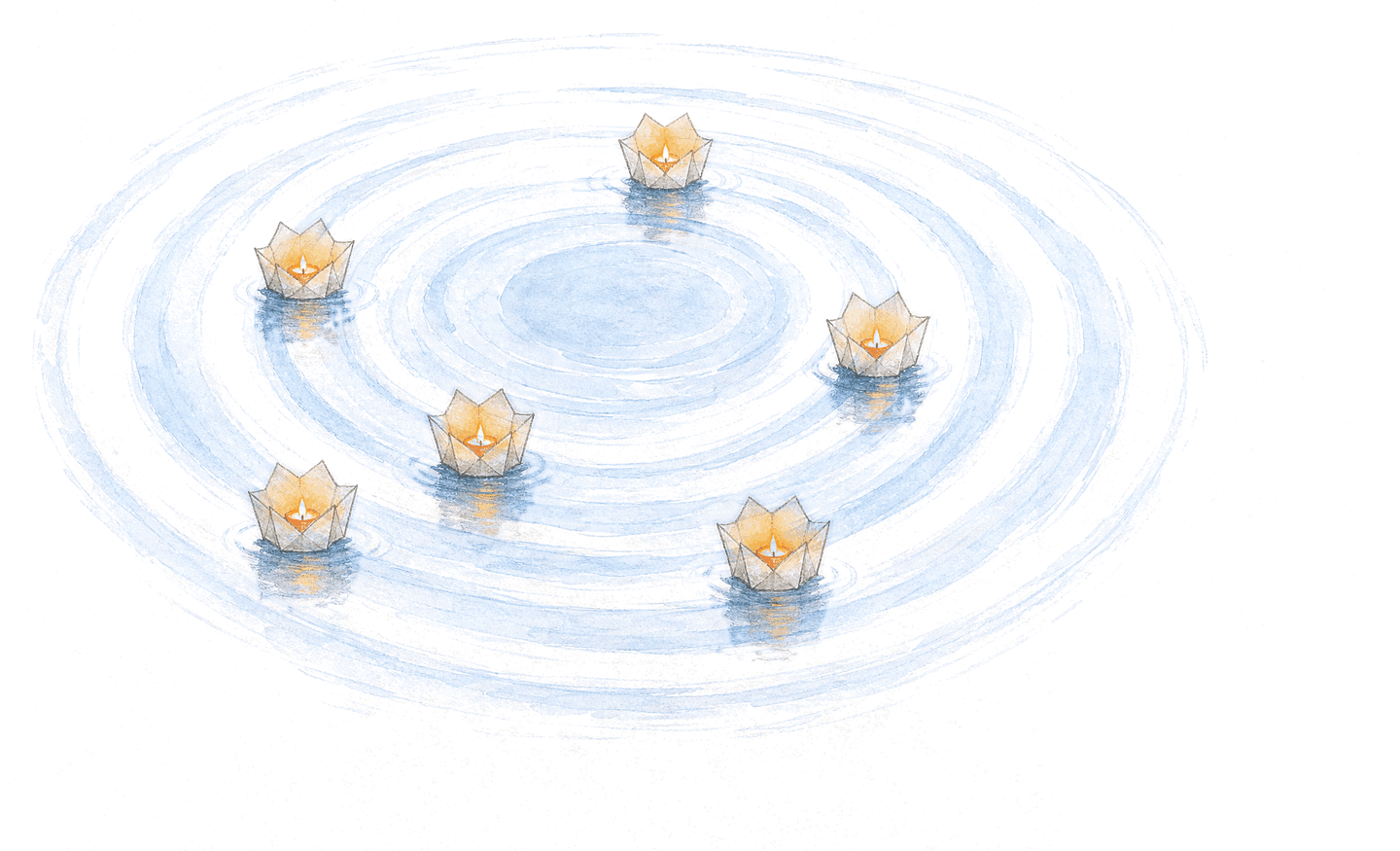 The pond with six lanterns on their rings and nobody out on open water.