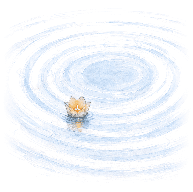 One paper lantern close to the still point, on the pond's inner rings.