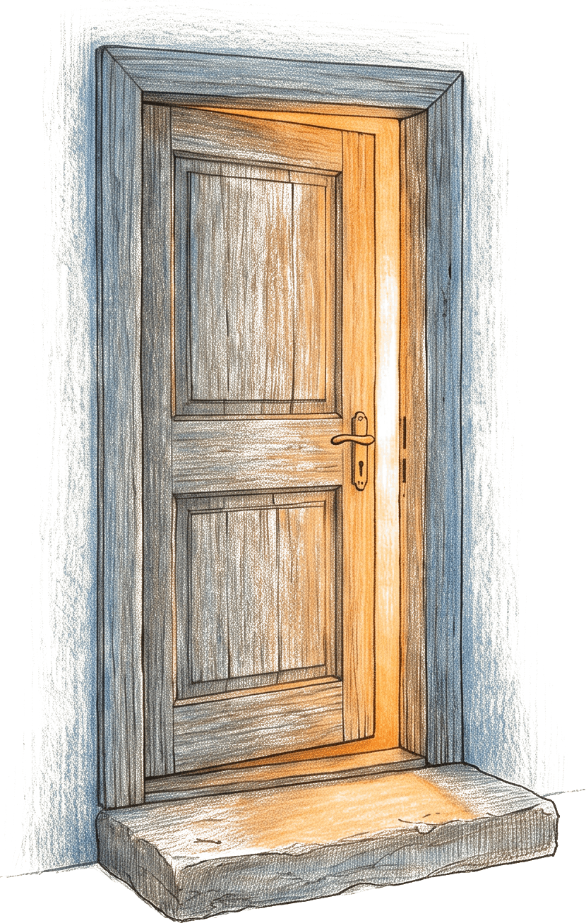 An old wooden door standing a little open, warm light from inside falling across the stone step.