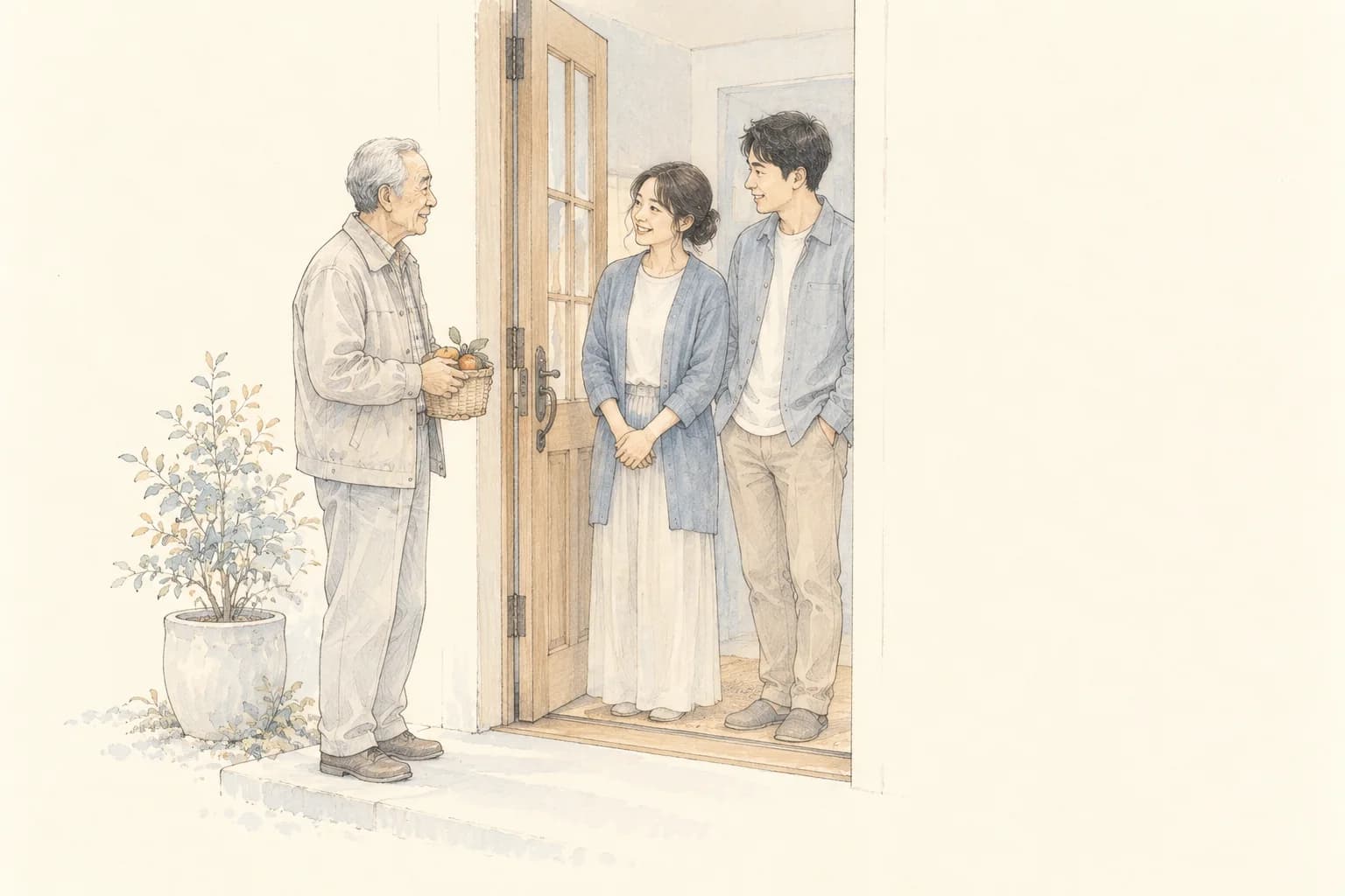 Pencil illustration of a couple speaking with an older father at an open front door.
