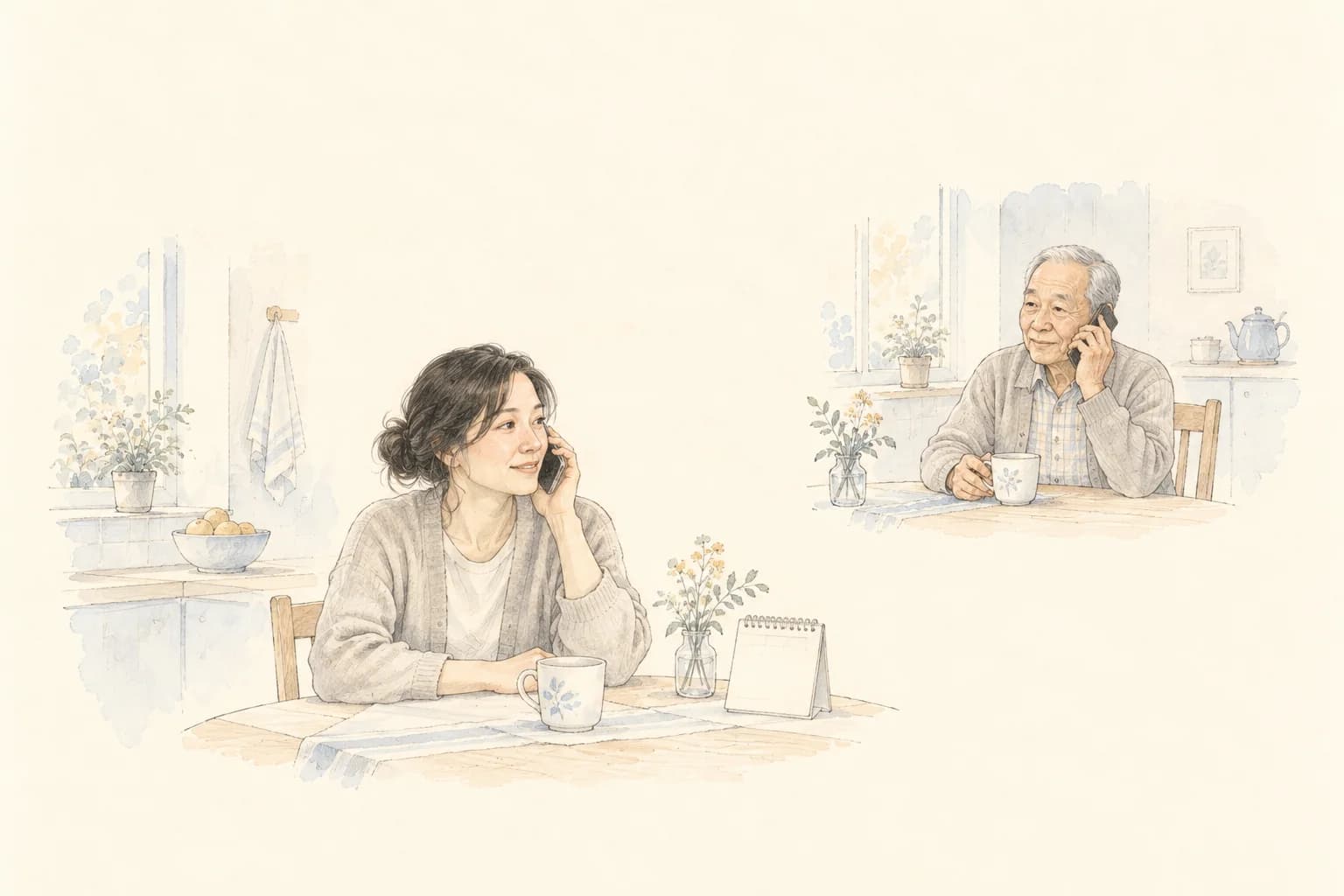 Pencil illustration of a daughter and her older father talking by phone from their kitchens.
