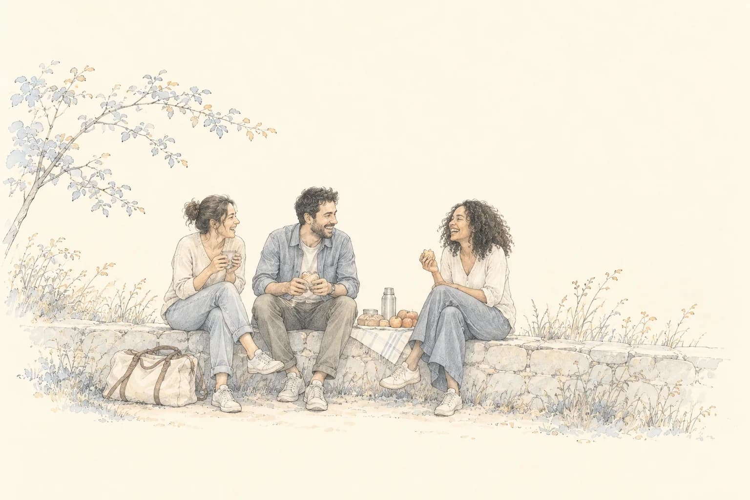 Pencil illustration of three friends sharing a picnic during a visit.