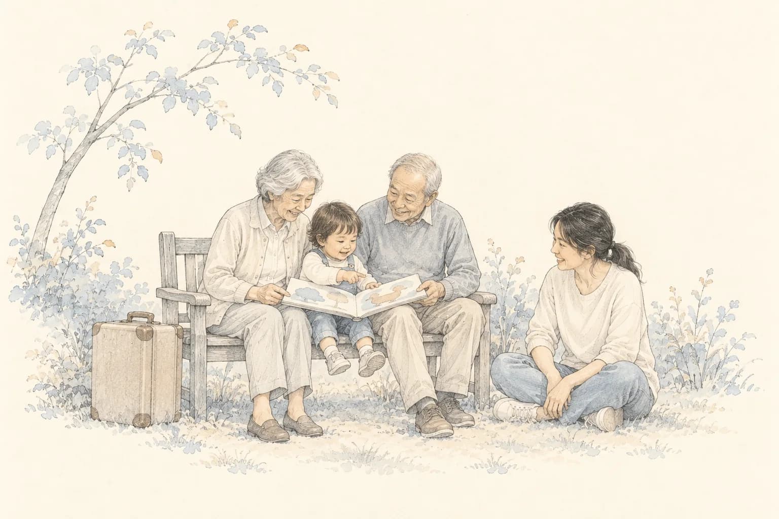 Pencil illustration of grandparents reading with a toddler during a visit, with a parent nearby.