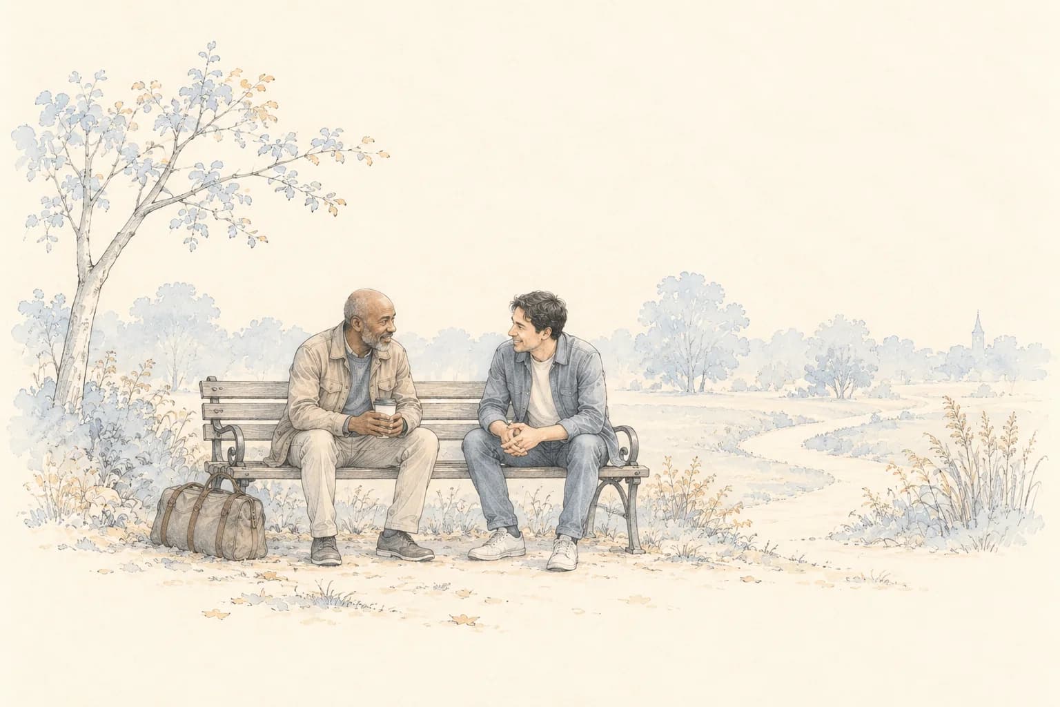 Pencil illustration of two men catching up in person on a park bench.