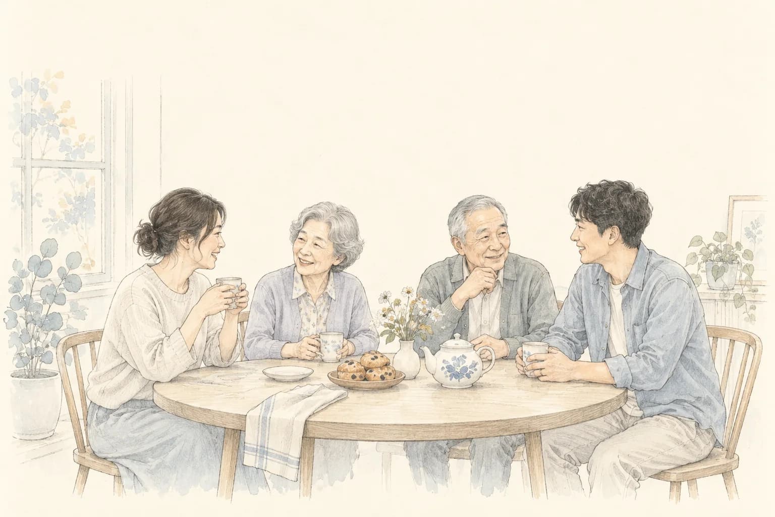 Pencil illustration of a couple and two older parents sharing breakfast.