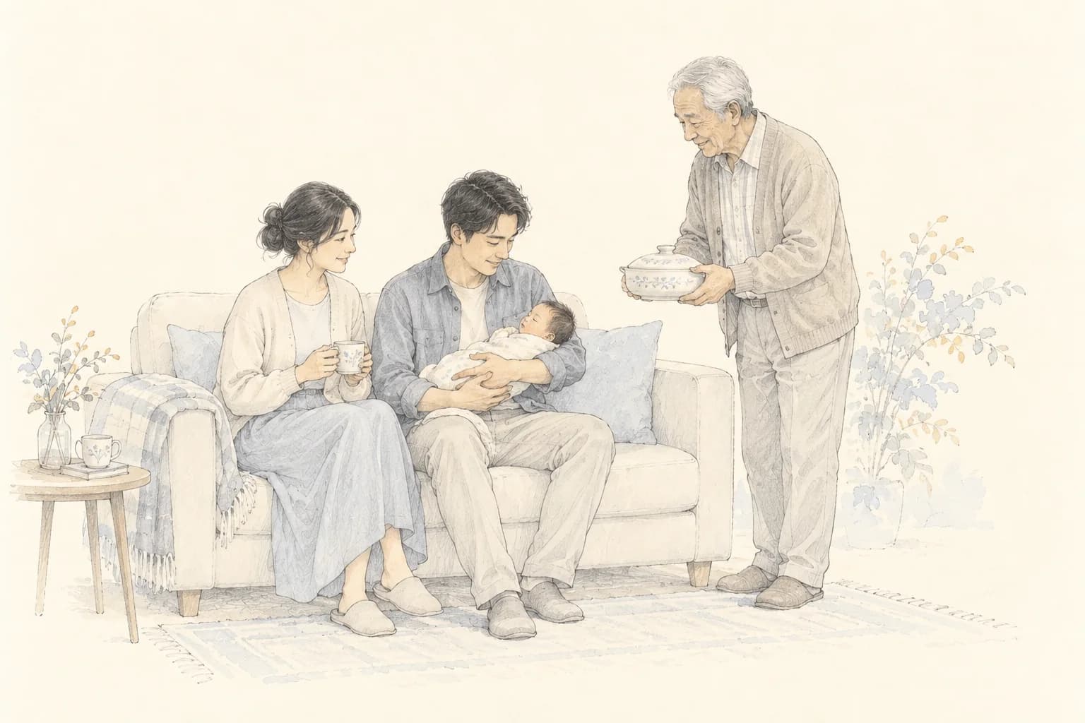 Pencil illustration of a father holding a newborn beside the baby's mother while a grandfather brings food.