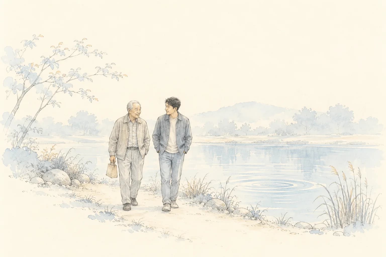 Pencil illustration of an adult son and his older father walking beside a pond during a visit.