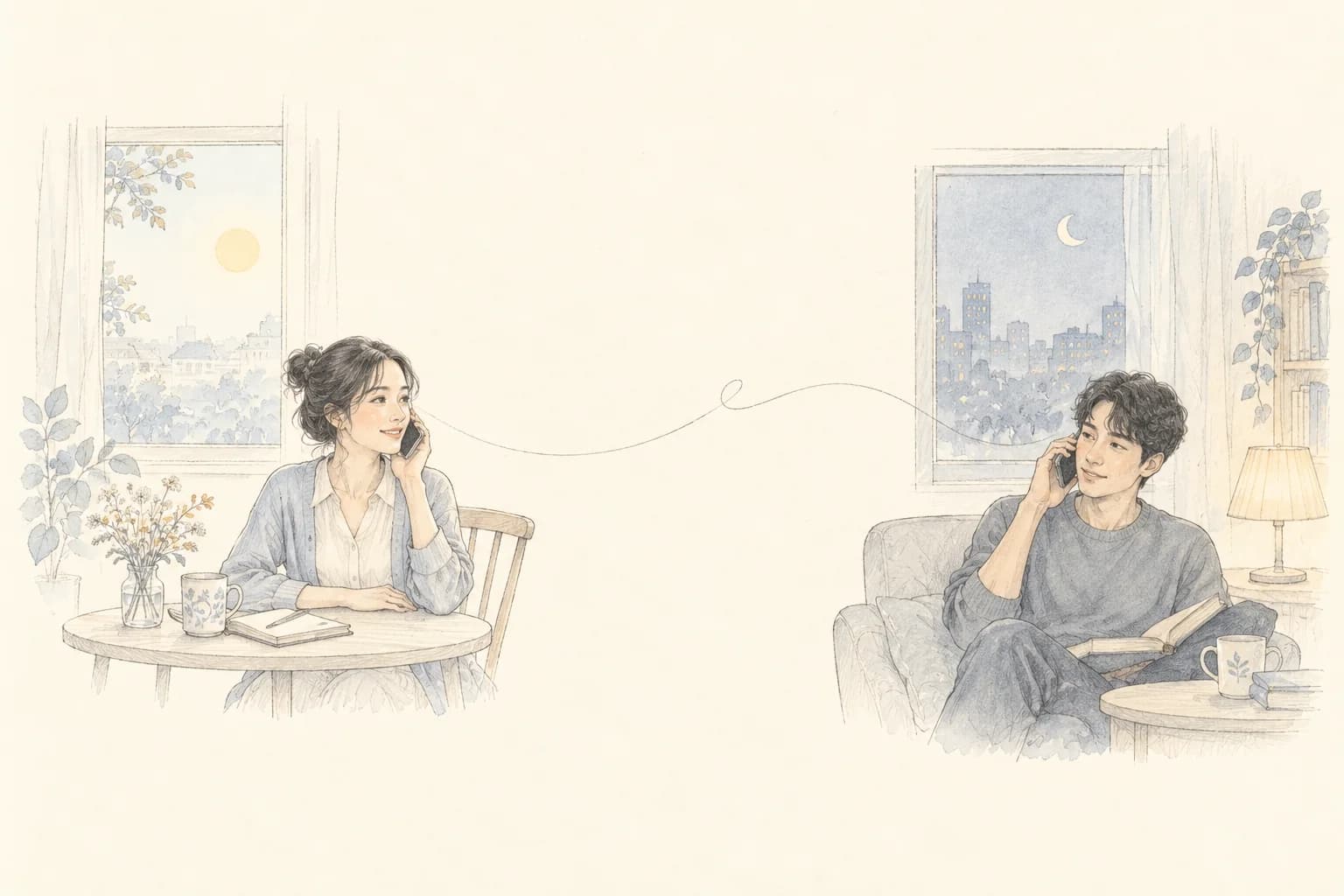 Pencil illustration of a woman and man on a phone call, with morning in one home and evening in the other.