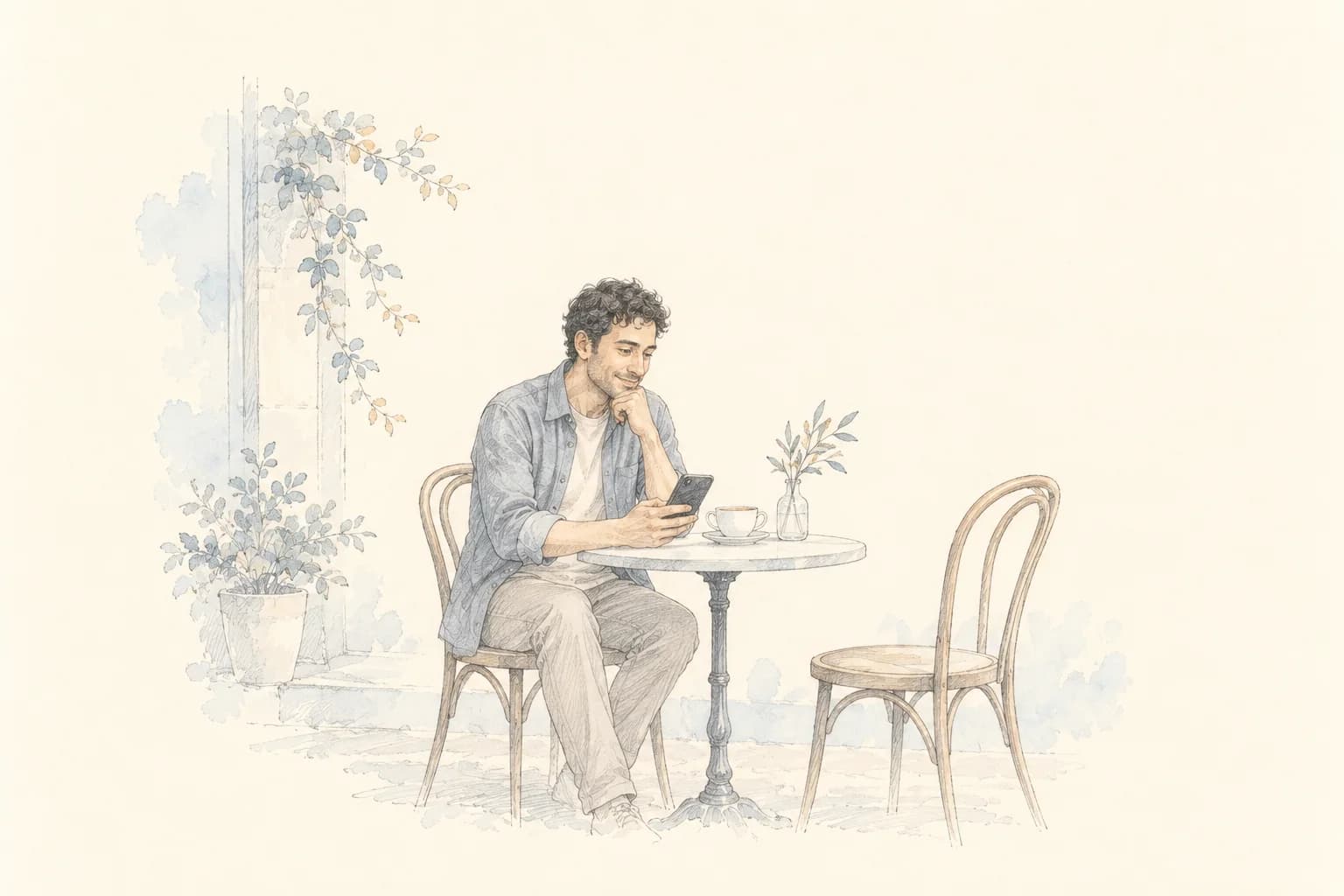 Pencil illustration of a man writing a phone message at a cafe table.